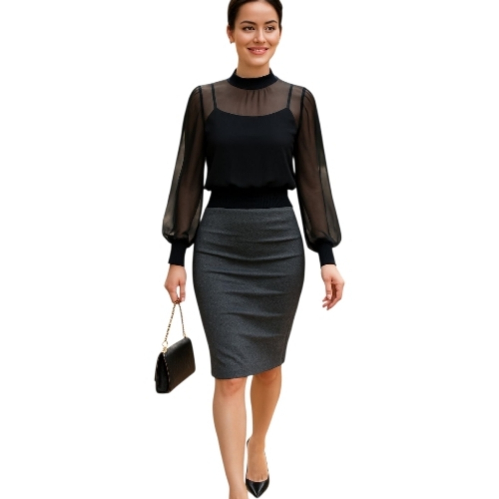 Lily White – Black Sheer Blouse with Back Tie (Size L).